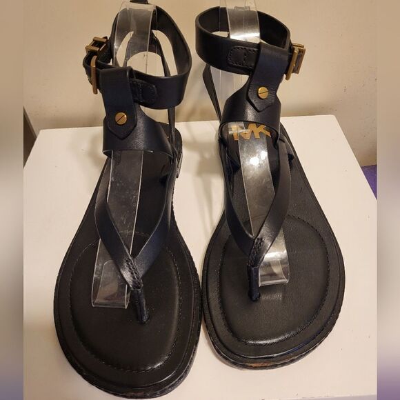 Michael Kors "Pearson" Black Leather Strappy Sandals Gold Accents Sz.6 Ret $155 - Picture 3 of 8